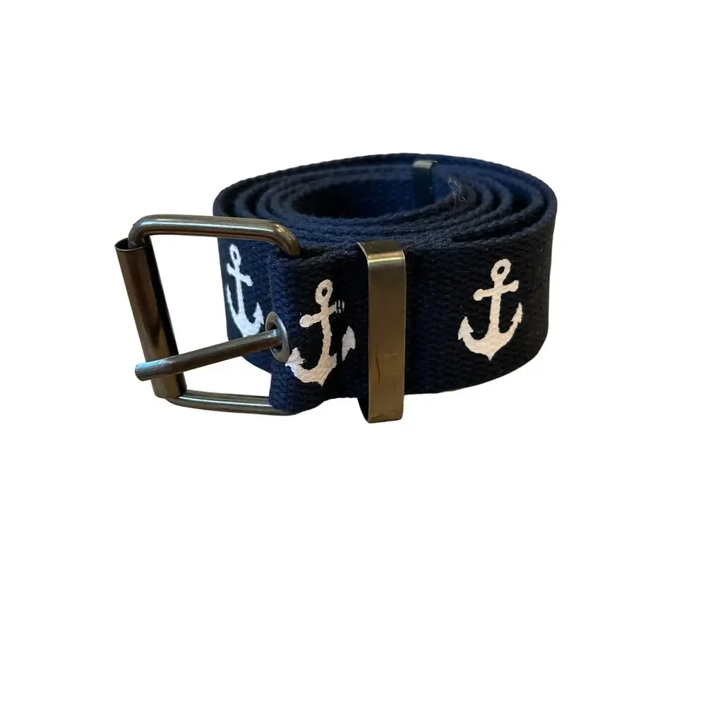 Nautical Anchor Canvas Web Belt Navy Blue White Anchors Casual Preppy 47”